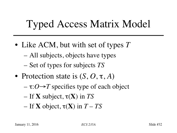 Slides For Lecture For January 11 16 Typed Access Matrix Model Slide 32